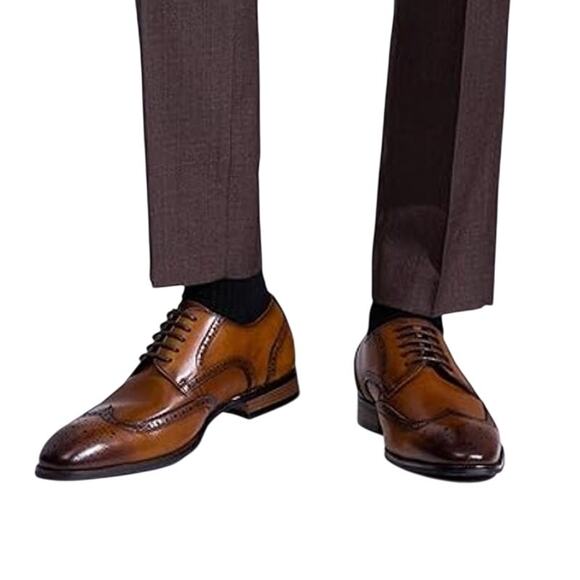 Jousen Mens Size 10 Brown Leather Lace Up Wingtip Formal Business Oxford Shoes - Picture 2 of 8